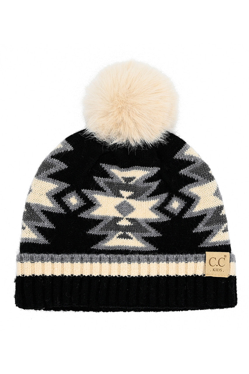 C.C Kids Southwest Pattern Faux Fur Pom Beanie