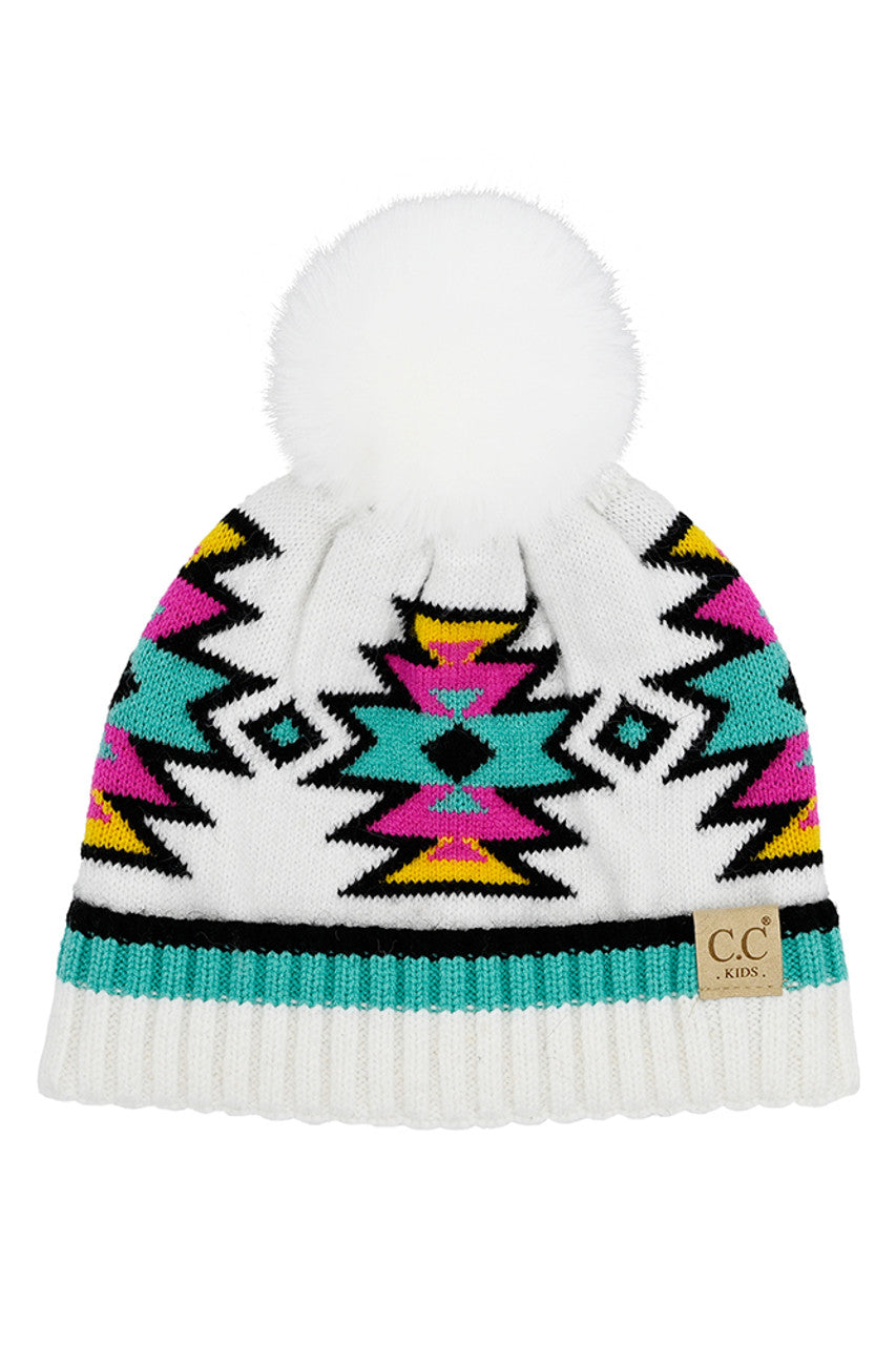 C.C Kids Southwest Pattern Faux Fur Pom Beanie