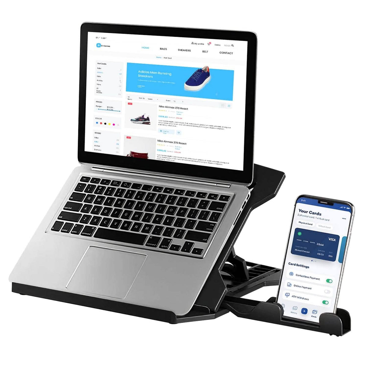 Soporte Elevador Giratorio 360º para Portátil con Soporte para Teléfono y 8 Niveles de Altura Ajustable