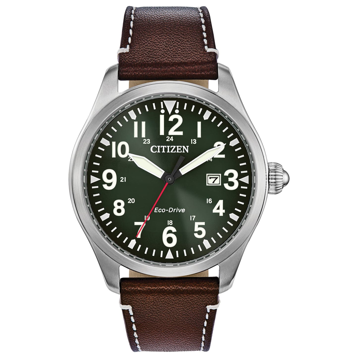 Reloj de hombre Citizen Eco-Drive Weekender Garrison de campo de acero inoxidable con correa de piel marrón y esfera verde (Modelo: BM6838-09X)