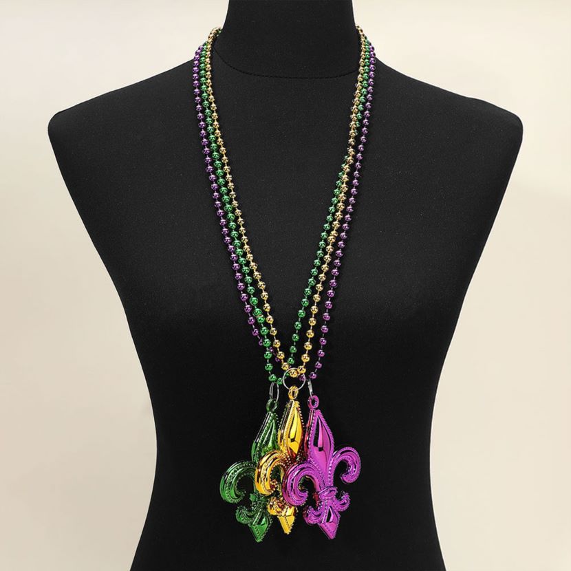 3PCS - Mardi Gras Fleur de Lis Pendant Beaded Long Necklaces