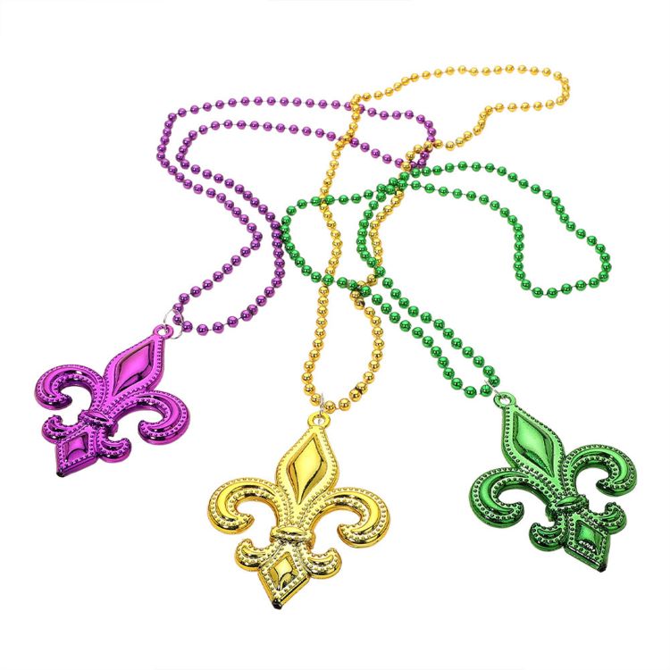 3PCS - Mardi Gras Fleur de Lis Pendant Beaded Long Necklaces