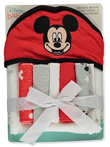 Cudlie Disney Baby Mickey Mouse Estampado Cara Feliz (Toalla con Capucha con Juego de 5 Toallitas de Baño)