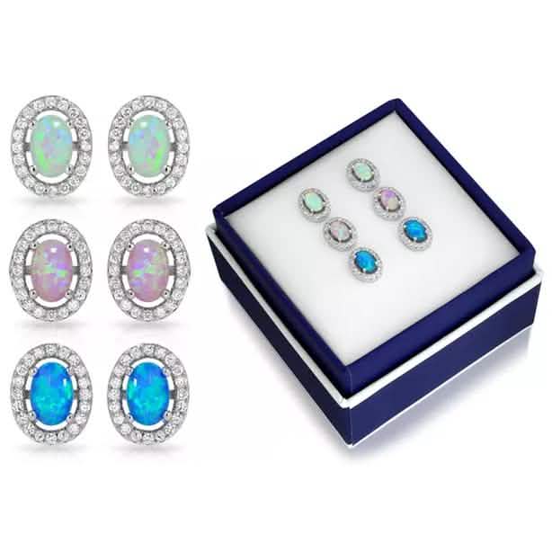 Juego de aretes de ópalo en trío de halo ovalado de 3CTW en blanco, azul y rosa