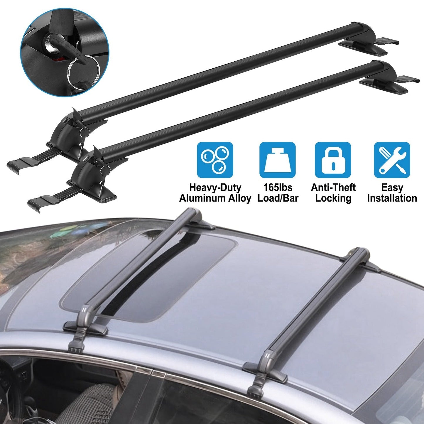 2PCS Universal 110cm/43-inch Car Roof Rack Cross Bar w/ Anti-Theft Lock Adjustable Window Frame for bike kayak cargo luggage