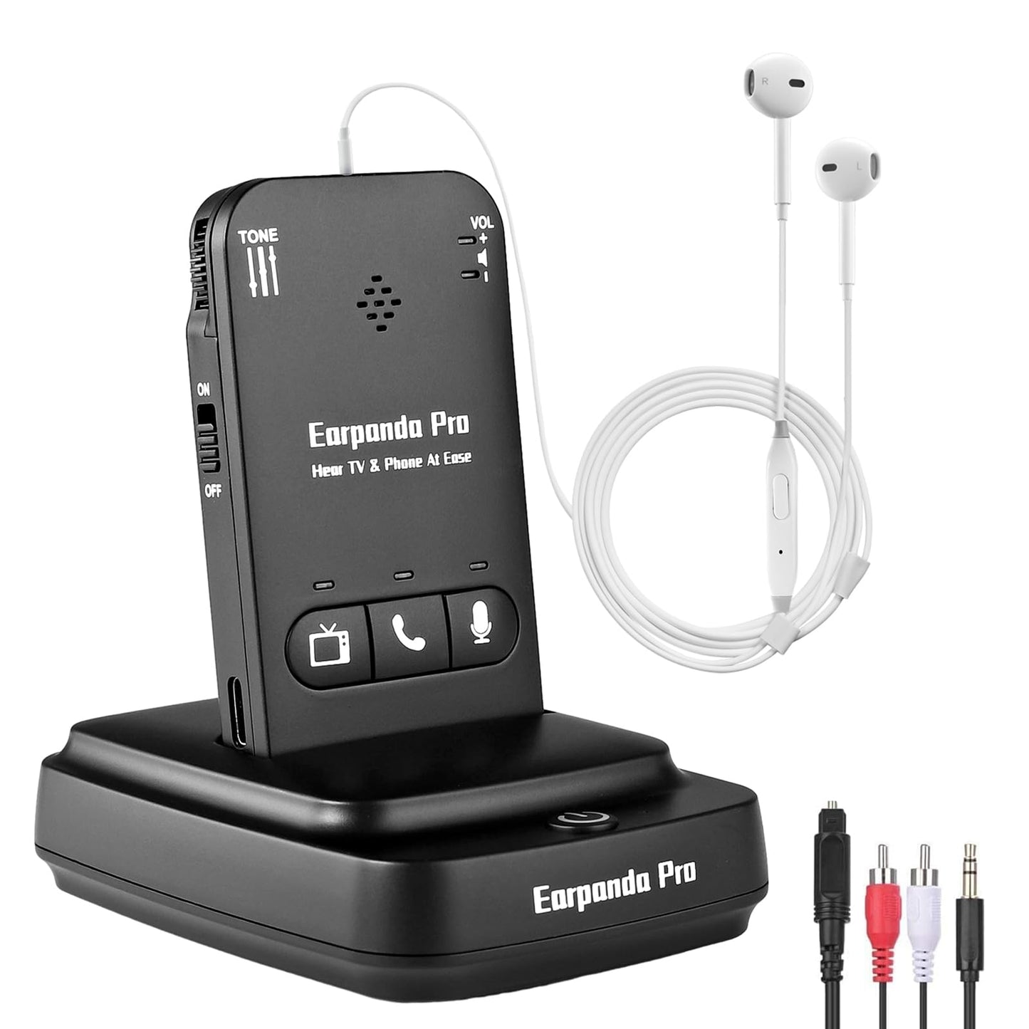 Auriculares inalámbricos Earpanda Pro TV para personas mayores, para ver televisión y llamadas por teléfono celular - Control de volumen de TV alto, ajuste de oído L/R por separado, largo alcance de 30 metros