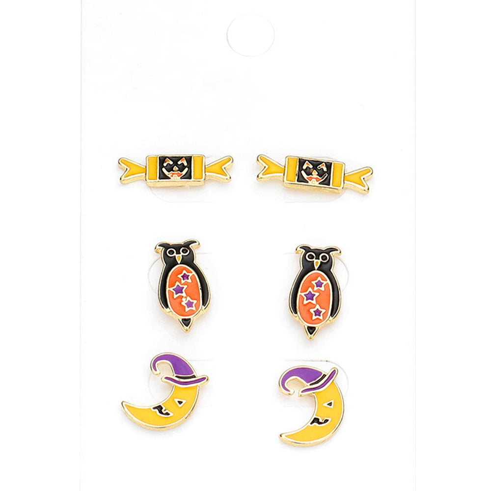 3Pairs - Enamel Pumpkin Candy Owl Crescent Moon Stud Earrings
