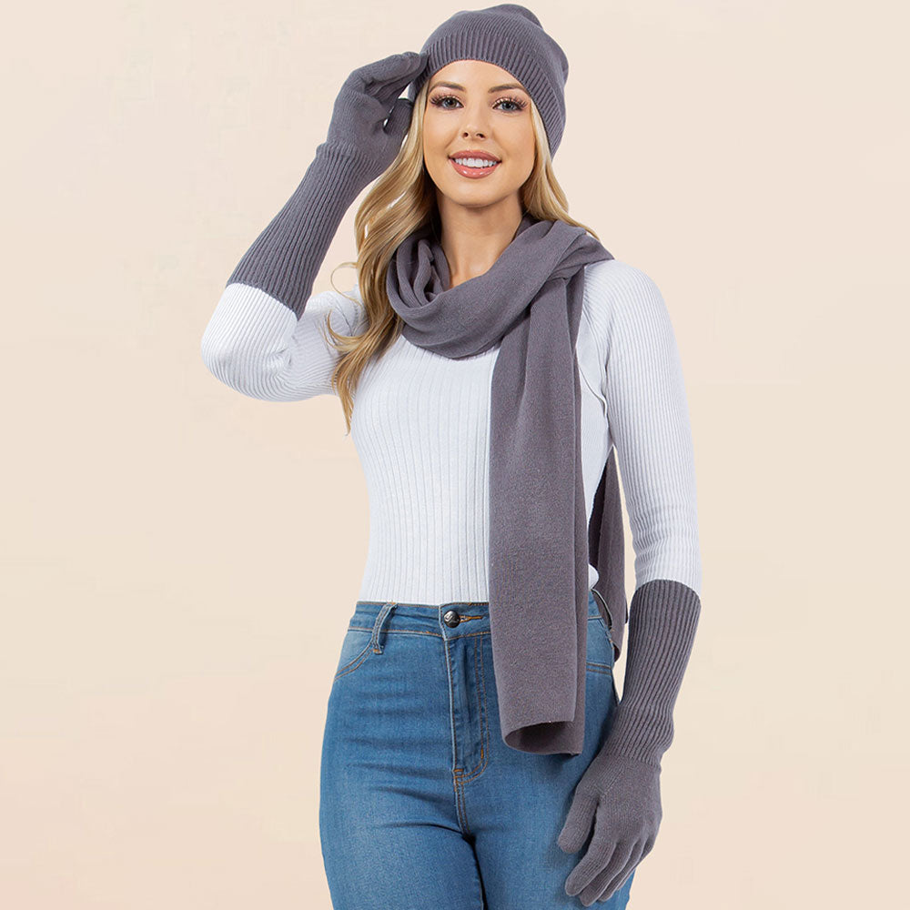 3PCS - Solid Winter Beanie Hat Scarf Gloves Set