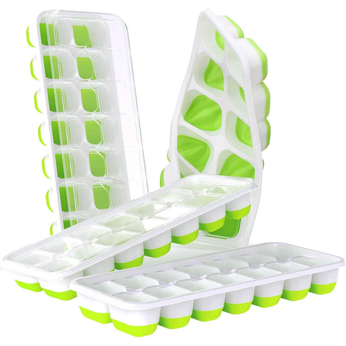 Paquete de 4: Bandejas de silicona flexibles de 14 cubitos de hielo con tapa extraíble a prueba de derrames y de fácil extracción