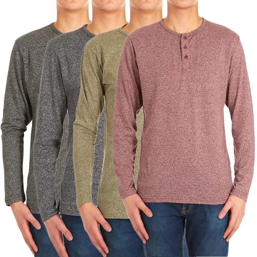 Paquete de 4: Camisetas Henley jaspeadas de manga larga para hombre - Talla: Mediana