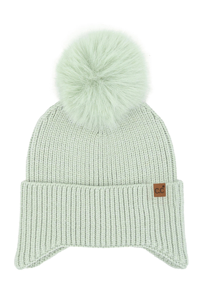 C.C Earflap Pom Knit Solid Beanie
