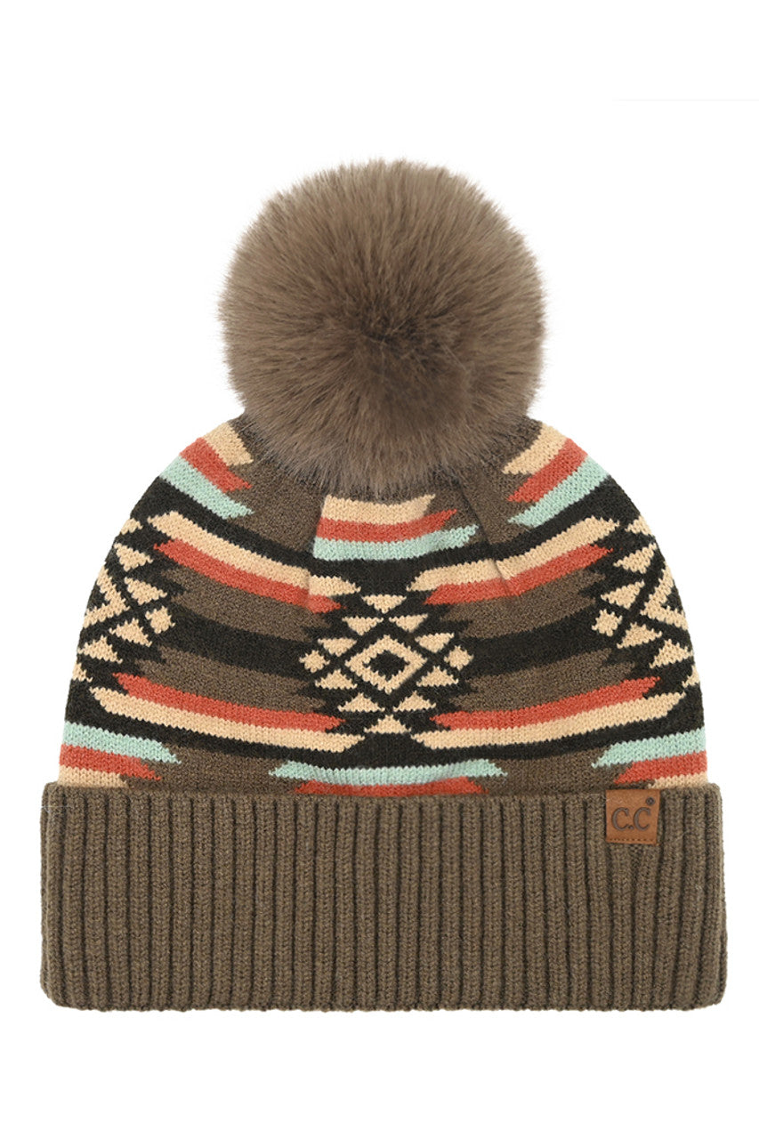 C.C Aztec Pattern Pom Cuff Beanie