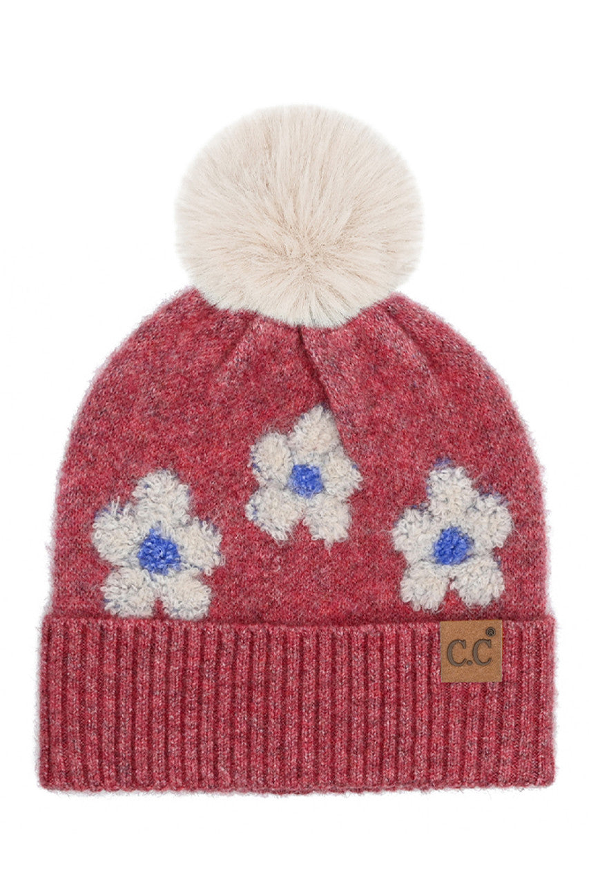 C.C Daisy Pattern Beanie with Pom