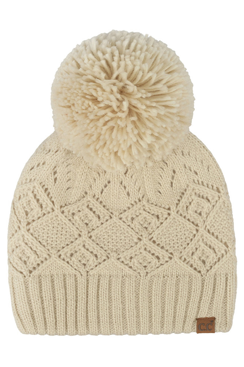 C.C Diamond Lace Pattern Yarn Pom Solid Beanie
