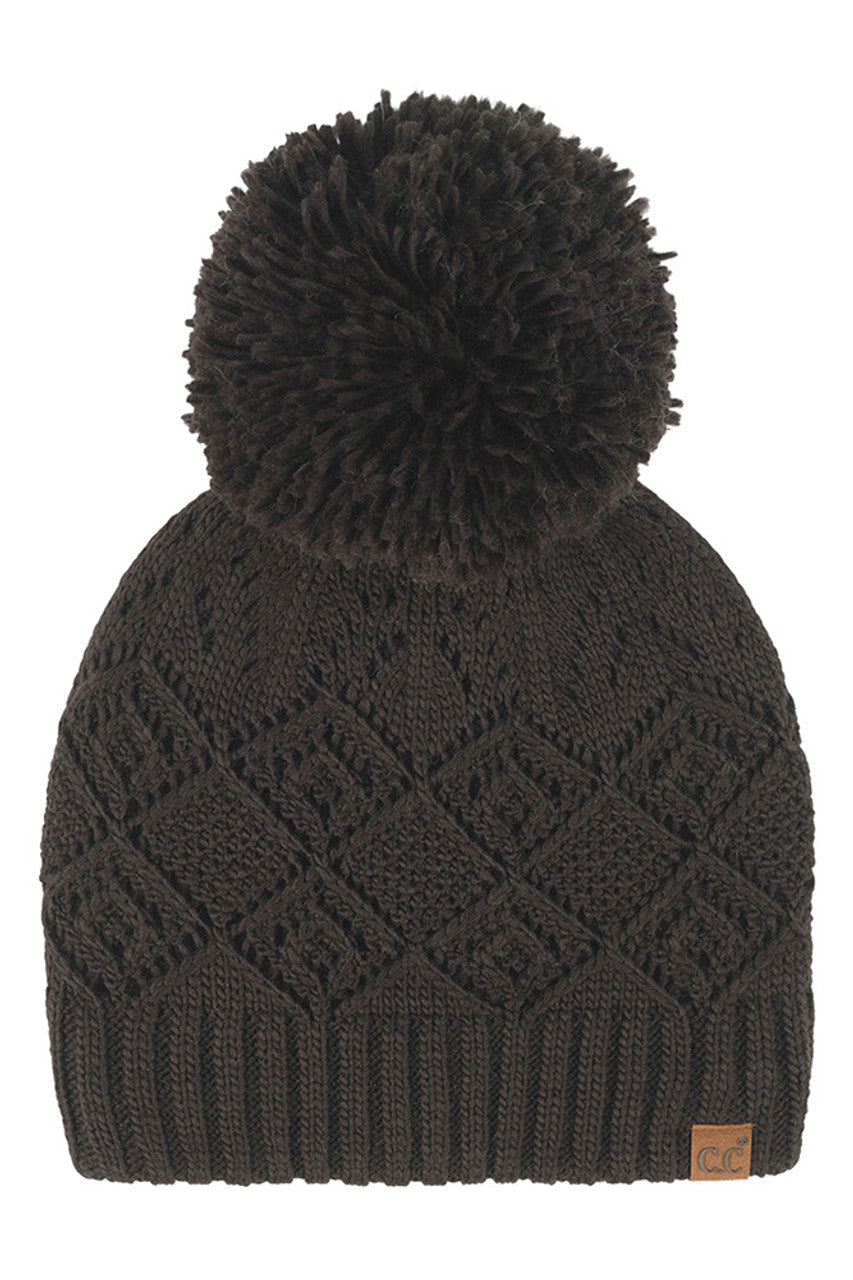 C.C Diamond Lace Pattern Yarn Pom Solid Beanie