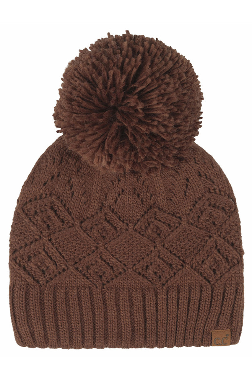 C.C Diamond Lace Pattern Yarn Pom Solid Beanie