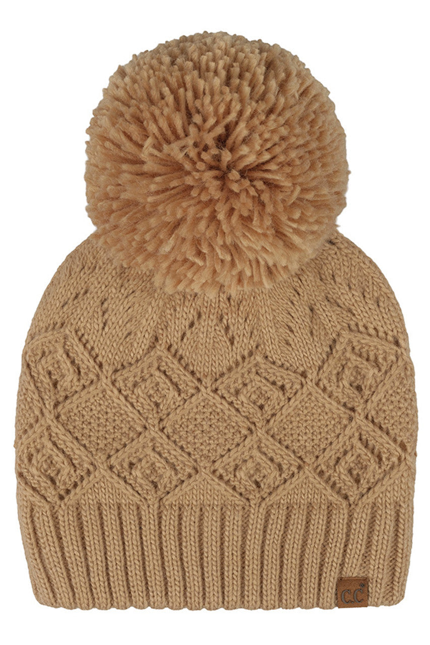 C.C Diamond Lace Pattern Yarn Pom Solid Beanie