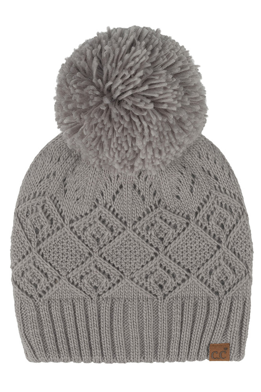 C.C Diamond Lace Pattern Yarn Pom Solid Beanie
