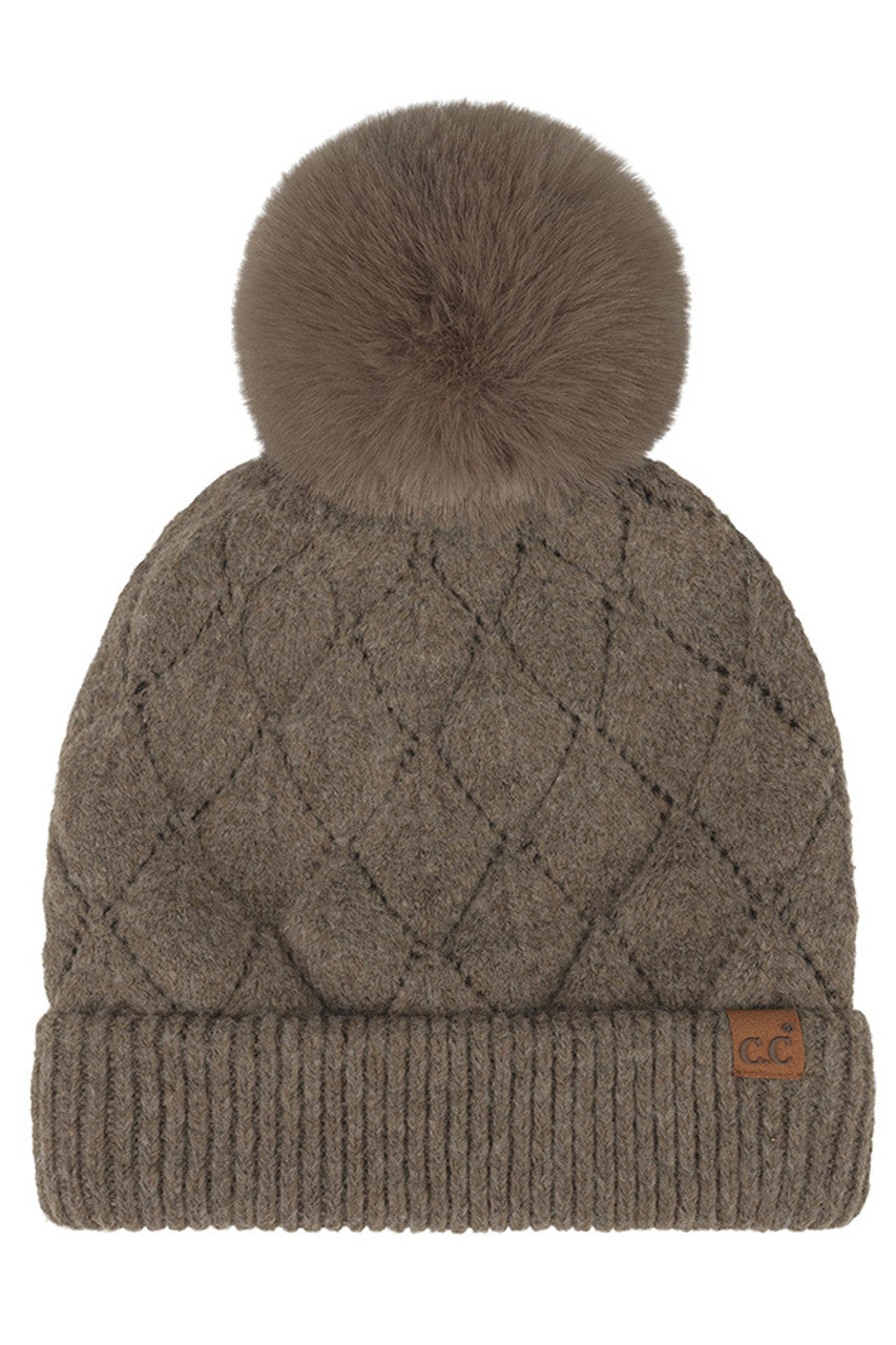 C.C Leaf Pattern Faux Fur Pom Solid Beanie
