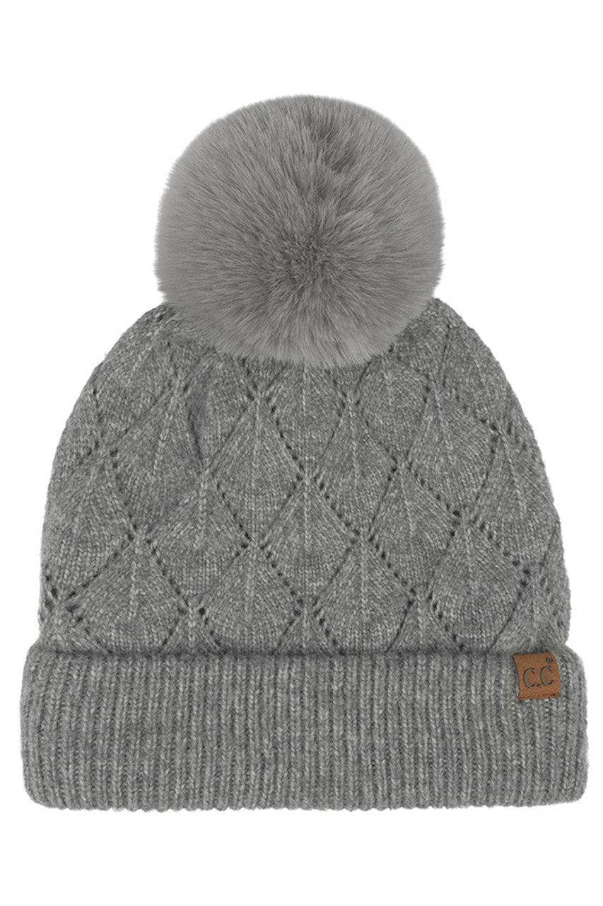C.C Leaf Pattern Faux Fur Pom Solid Beanie