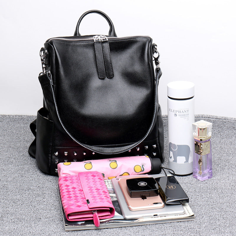 Women's Korean Fashionable Genuine Leather Personality Rivets Backpacks