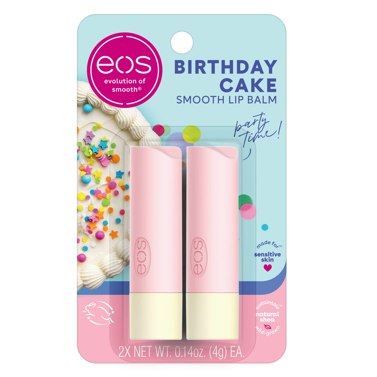 eos Bálsamo labial de karité natural - Pastel de cumpleaños Recomendado por dermatólogos para pieles sensibles Humectación durante todo el día Productos para el cuidado de los labios 0.14 onzas (paquete de 2)