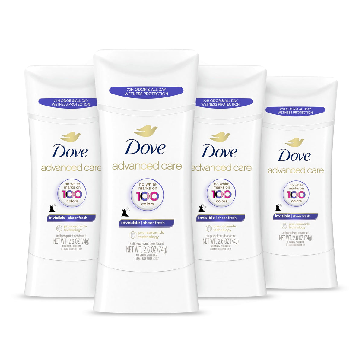 Dove Advanced Care Antiperspirant Deodorant Stick Sheer Fresh 4 Count Anti-stain antiperspirant deodorant for soft underarms 72-hour underarm odor protection and all-day sweat control 2.6 oz