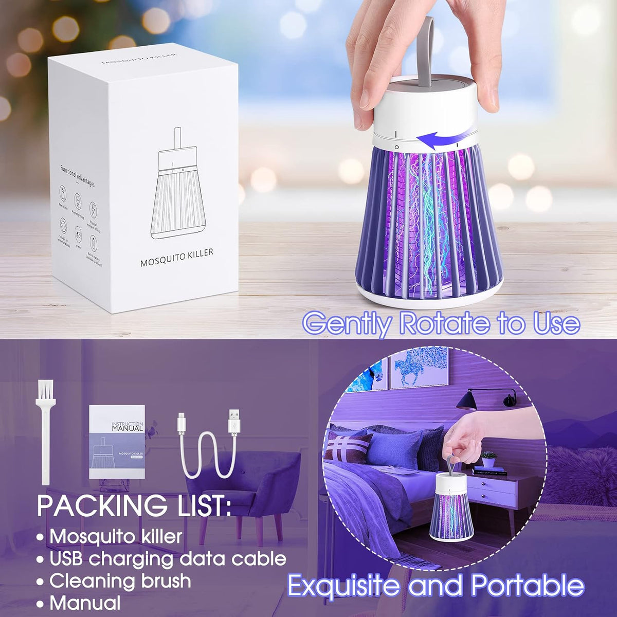 Mosquito Zapper, Rechargeable Bug Zapper with Safety Grid for Home and Camping, USB Charging Cordless Design, Purple Light Insect Killer for Indoor Outdoor Patio