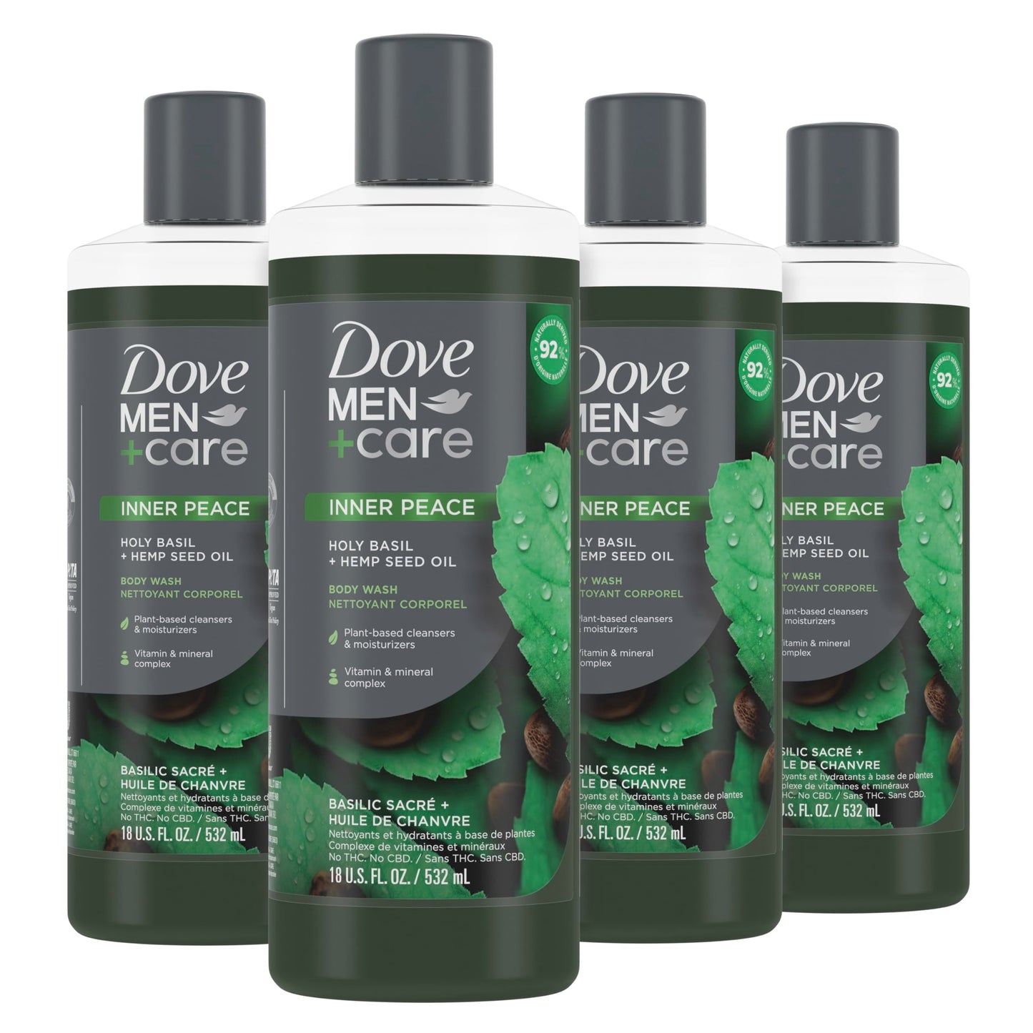 Dove Men+Care Jabón Líquido Albahaca Sagrada + Aceite de Semilla de Cáñamo Paquete de 4 para Reconstruir la Piel en la Ducha con Limpiadores a Base de Plantas e Hidratantes de 18 oz
