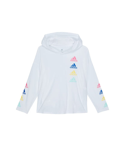adidas Girls Big Long Sleeve Hooded Graphic Tee Multi Logo/White Large (14)