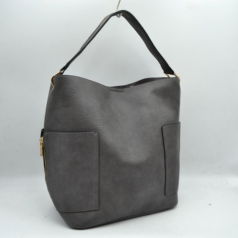 2-in-1 Chic Satchel Side Pocket Bucket Bag with Long Strap