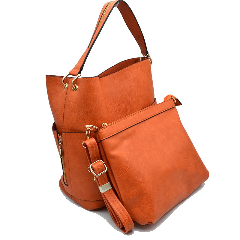 2-in-1 Chic Satchel Side Pocket Bucket Bag with Long Strap