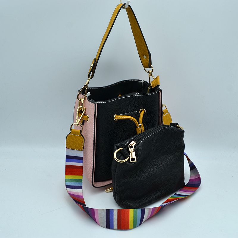 Color-Block Drawstring Bucket Bag with Multi-Strap Options