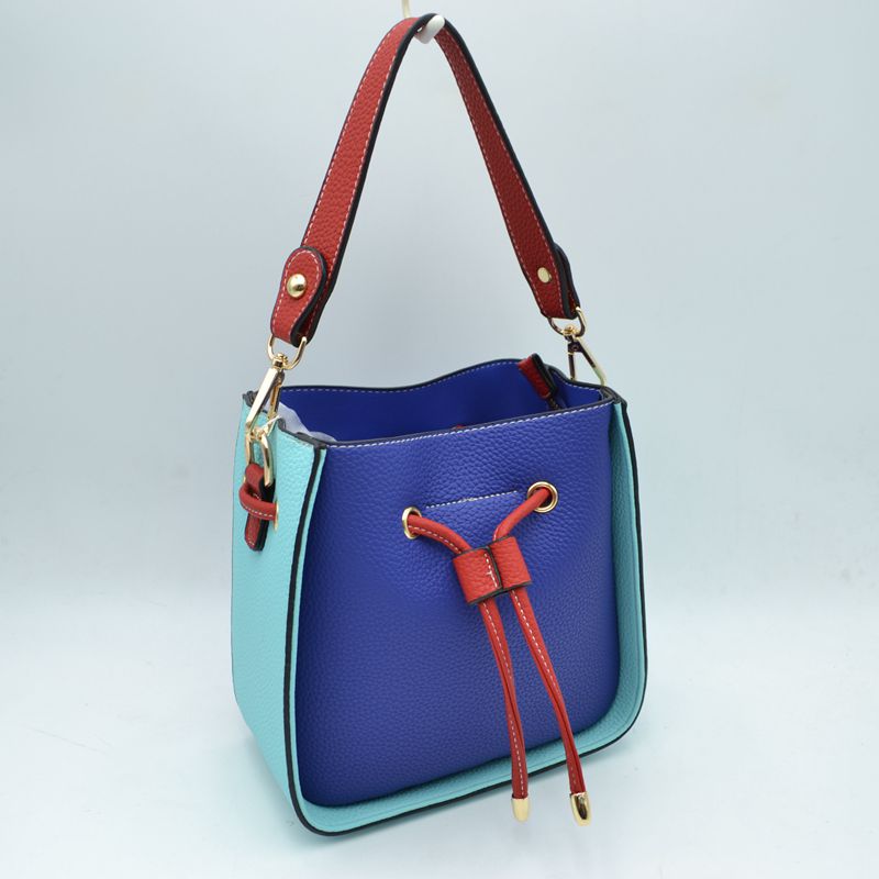 Color-Block Drawstring Bucket Bag with Multi-Strap Options