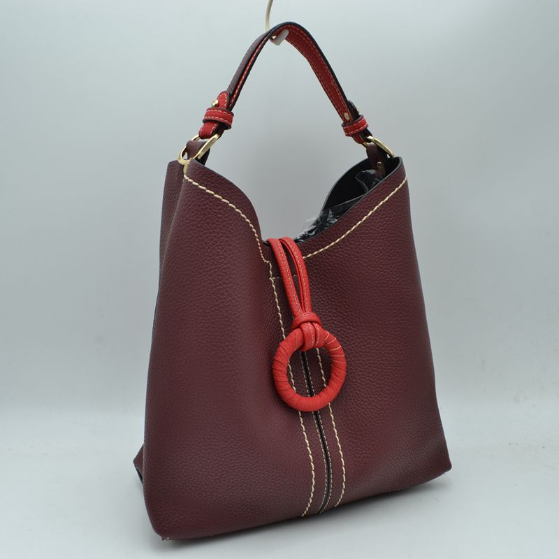 Pebbled Bucket Bag with Contrast Ring Accent and Top Handle