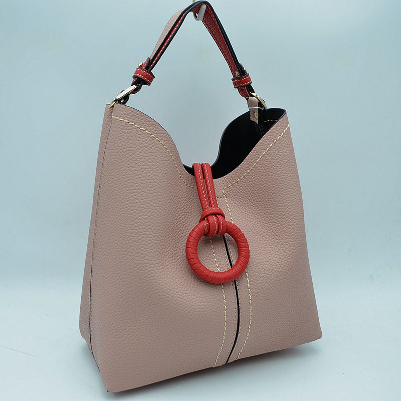 Pebbled Bucket Bag with Contrast Ring Accent and Top Handle