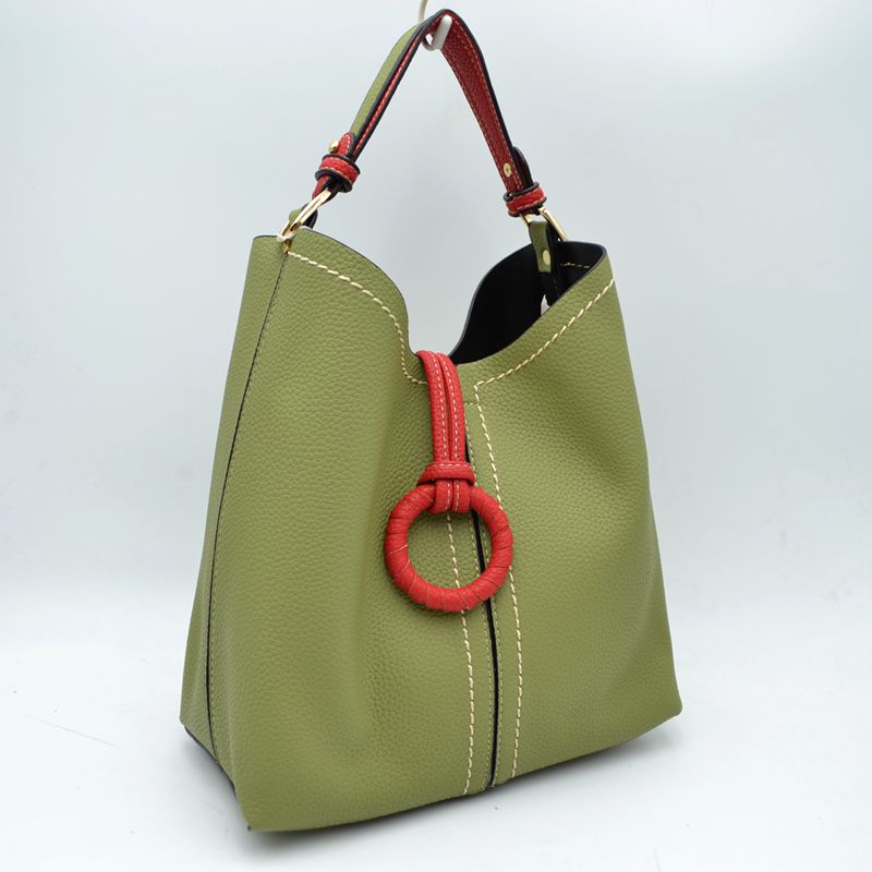 Pebbled Bucket Bag with Contrast Ring Accent and Top Handle