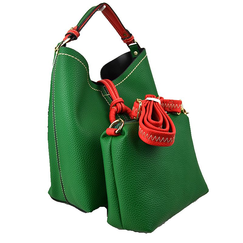 Pebbled Bucket Bag with Contrast Ring Accent and Top Handle