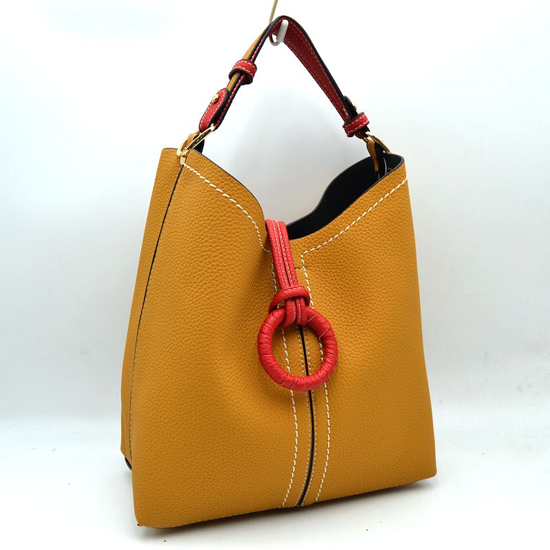 Pebbled Bucket Bag with Contrast Ring Accent and Top Handle