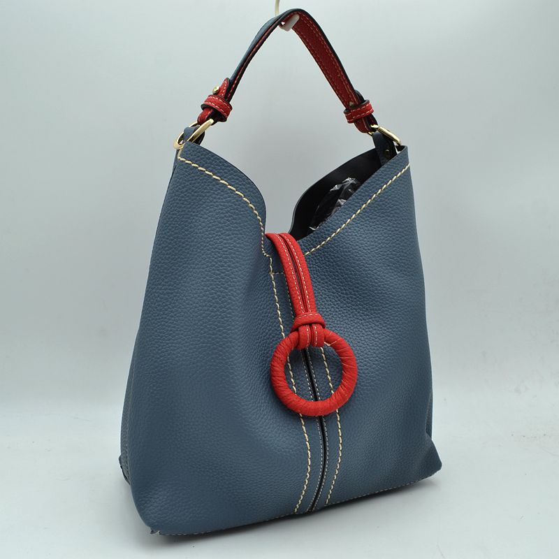 Pebbled Bucket Bag with Contrast Ring Accent and Top Handle