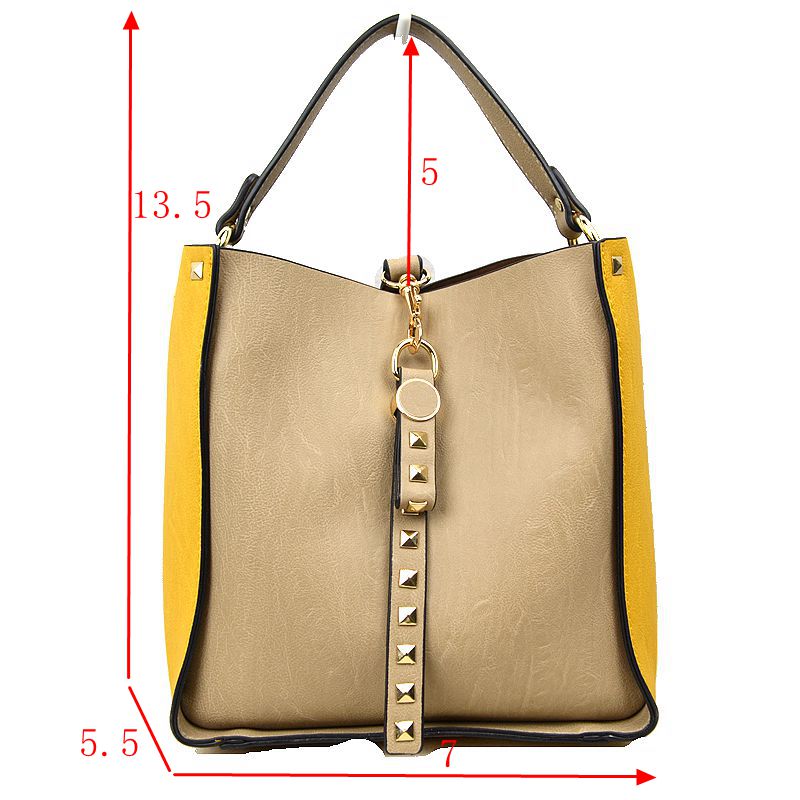 Studded Two-Tone Bucket Bag with Top Handle and Decorative Strap