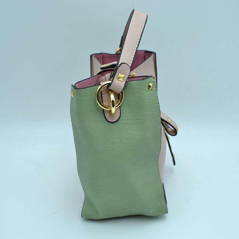 Studded Two-Tone Bucket Bag with Top Handle and Decorative Strap