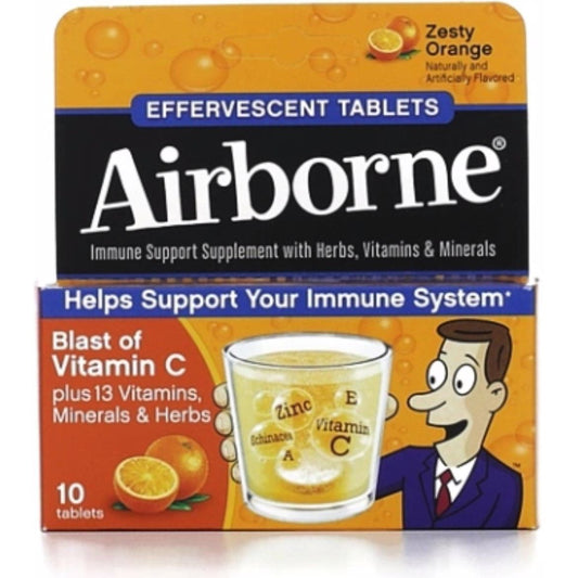 Airborne Tabletas Efervescentes Sabor Naranja 10 Unidades - 1000mg de Vitamina C - Suplemento para Apoyo Inmunológico