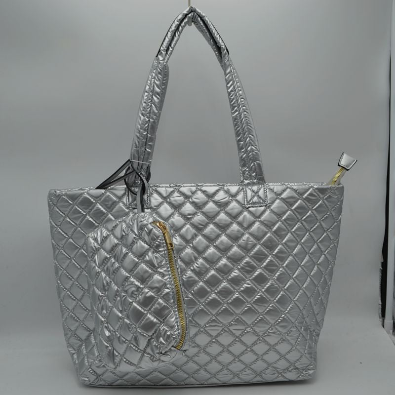 2-in-1 Large Quilted Zipper Tote with Pouch