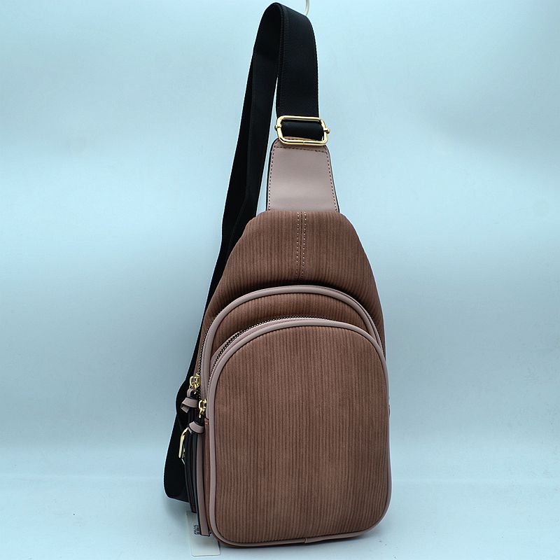 Ribbed Sling Bag with Tiered Zippers and Tassel Pulls