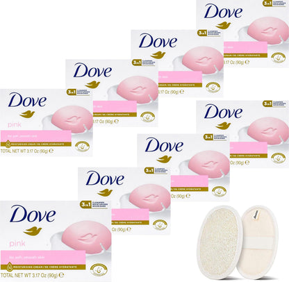 BÁSICOS Jabón en barra Dove para manos y cuerpo, suave para la piel, paquete de 8 barras, 89,6 g cada una. Además, 1 esponja de lufa (rosa)