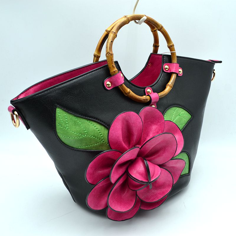 Floral Applique Tote Bag with Segmented Round Top Handles