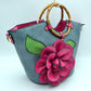 Floral Applique Tote Bag with Segmented Round Top Handles