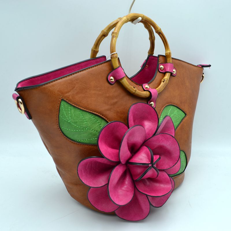 Floral Applique Tote Bag with Segmented Round Top Handles