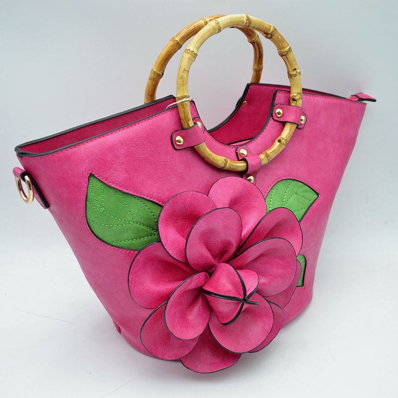 Floral Applique Tote Bag with Segmented Round Top Handles